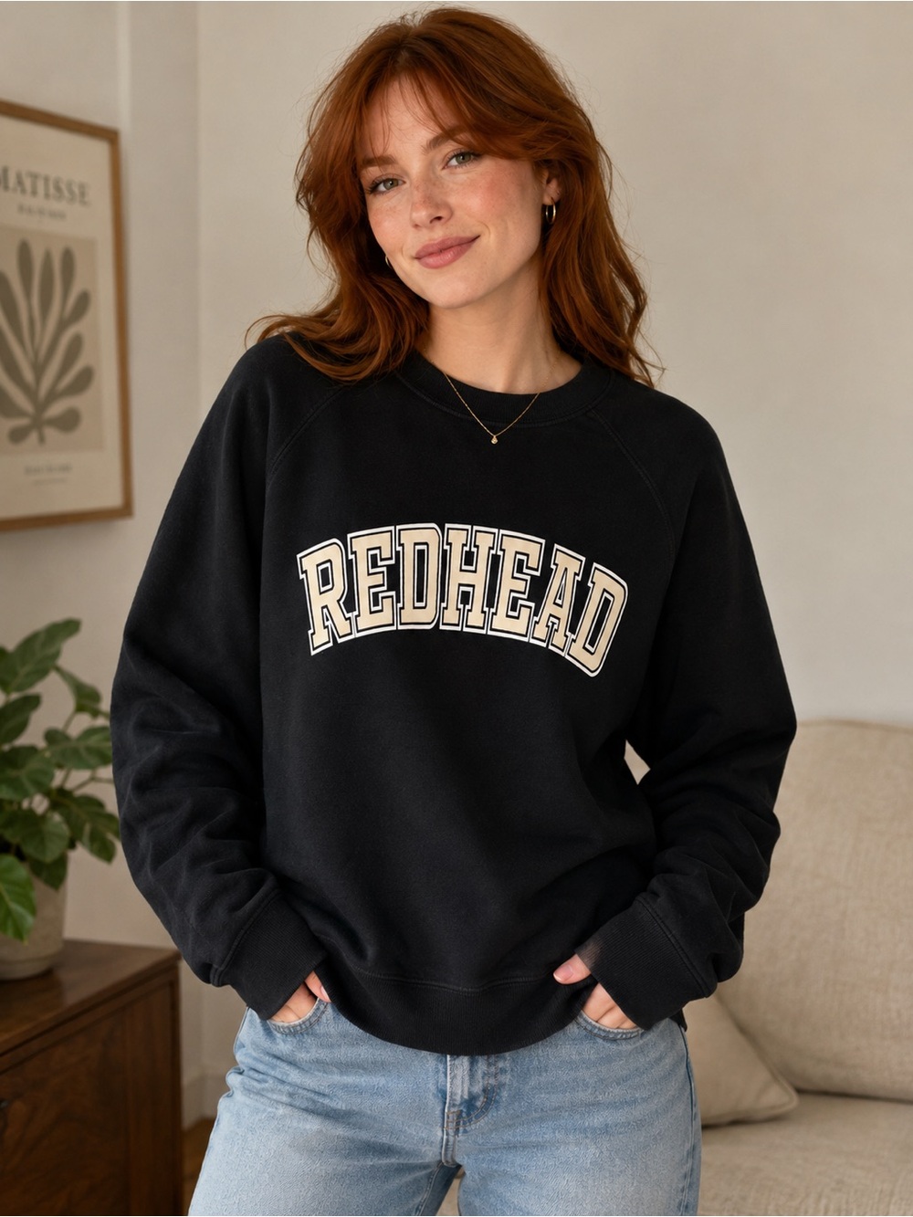 Brunette The Label Black Crewneck with White and Tan 'REDHEAD' Graphic Oversized